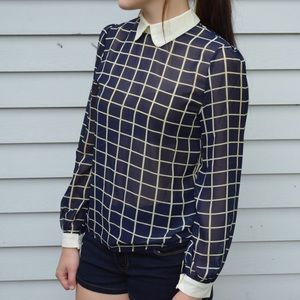 Grid Pattern Collared Long Sleeve Blouse